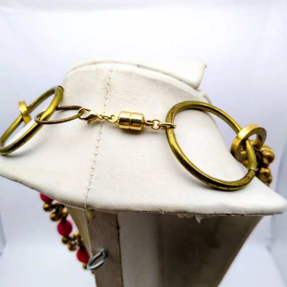 Vintage Dramatic Statement Necklace, Triple Strand Orange and Gold Bib w Brass - Picture 5 of 5